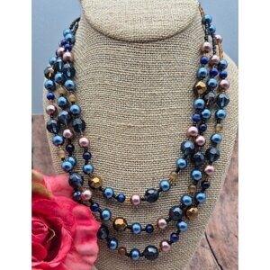 Pretty Esmor Multi Strand Glass Bead Necklace Jewel Tones Blue Gold 22"